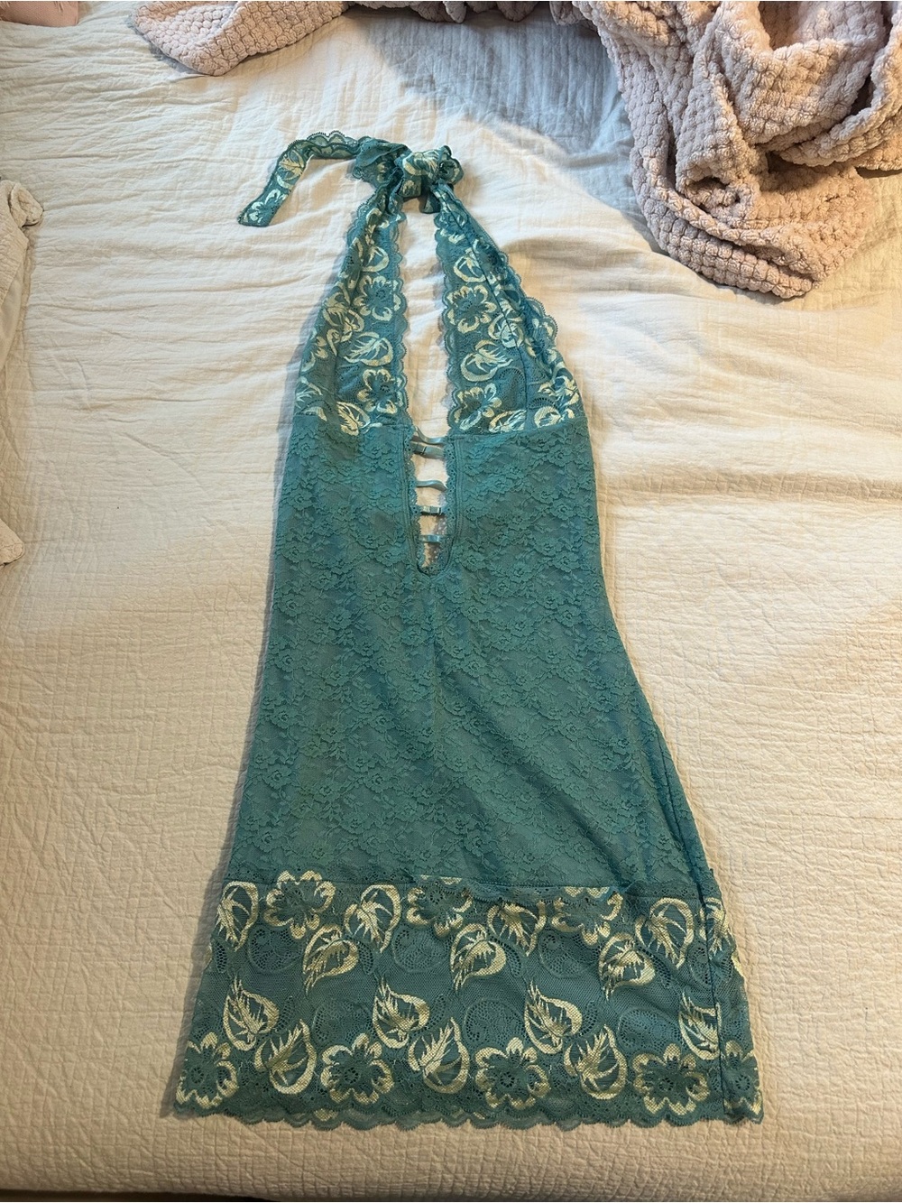 Teal Lace Halter Mini Dress